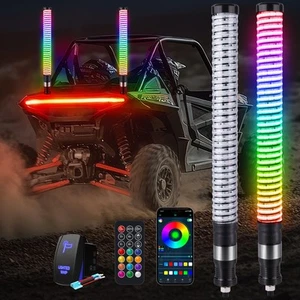 2pcs 2FT Fat Whip Light COB LED RGB+IC Chasing, App & Remote Control for ATV UTV - Picture 1 of 12