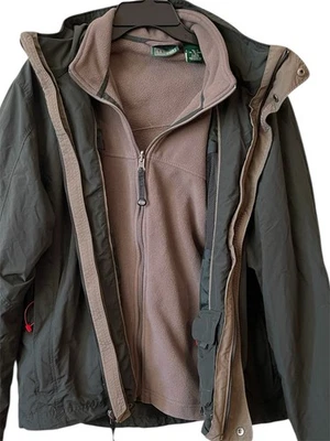 LL Bean Men's Large Nylon 3 in 1  Full Zip Jacket System 0BCY9 Green Hooded FLAW - Image 1 of 4