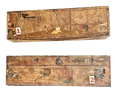 Caja de madera vintage (1) mapa litográfico superior/tapa deslizante cubierto 17" x 5" x 2,5" Foto 1 de 4