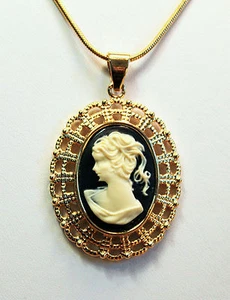 Acryl Kamee mit Pferdeschwanz 25x18 mm filigran Halskette 18" Schlangenkette vergoldet - Bild 1 von 1