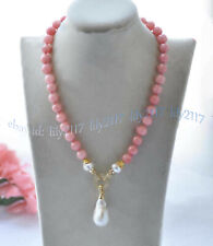 Natural Pink Rhodochrosite Round Gems White Keshi Baroque Pearl Pendant Necklace