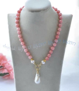 Natural Pink Rhodochrosite Round Gems White Keshi Baroque Pearl Pendant Necklace - Picture 1 of 10