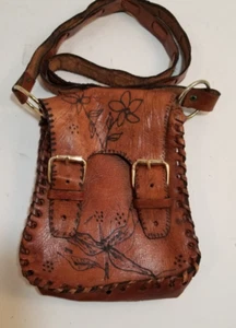 Hippie Boho Leder Schulter Handtasche SM 7x5,5x1,5 mit Pyrographie Werkzeug Vintage - Bild 1 von 5