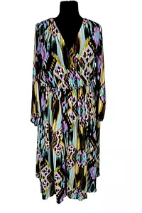 ASHRO Women Fit & Flare Maxi Dress Plus Size 16W Multi-Color V-Neck Long SL 111A - Picture 1 of 5