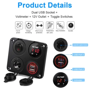 4 in 1 Dual USB Auto Zigarettenanzünder Buchse 12V Ladegerät Voltmeter Schalter Panel - Bild 1 von 10