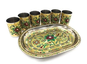 Meenakari Floral Design Stainless Steel 6 Glass with Serving Tray - Picture 1 of 6