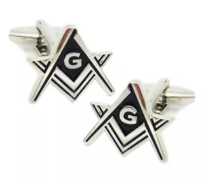 Masonic Freemason Cufflinks. Silver tone Black Masonic Square & Compass - Picture 1 of 1