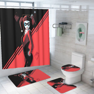 Suicide Squad Harley Quinn 4PCS Bathroom Rugs Set Shower Curtain Contour Mats