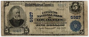 1902 $5 LOS ANGELES CALIFORNIA NATIONAL BANK NOTE PLAIN BACK - CH# 5927 - Picture 1 of 2