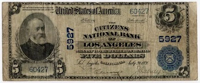 1902 $5 LOS ANGELES CALIFORNIA NATIONAL BANK NOTE PLAIN BACK - CH# 5927 - Image 1 of 2