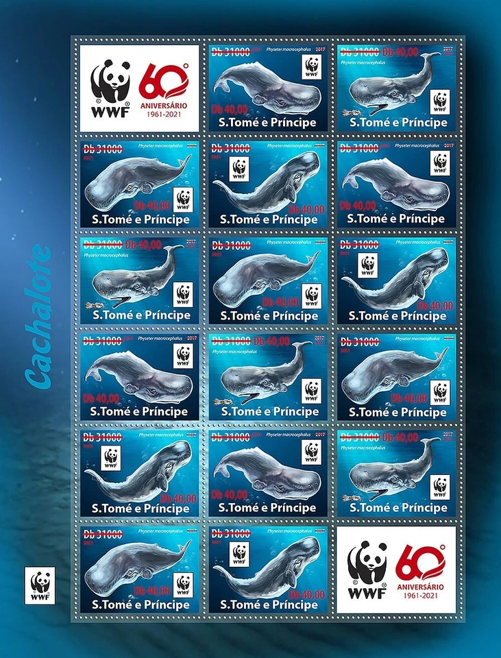 SPERM WHALES Red OVERPRINT MNH 16v-Stamp Sheet WWF 60th Anniv (2021 Sao Tome) - Image 1 of 1