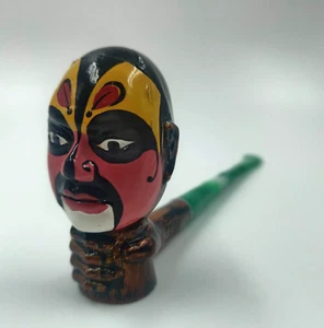 Unique Wood Pipe Asian Style Painted Head with Green Plastic Tip Small Bowl - Picture 1 of 9