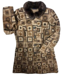 Retro brown midi coat Faux fur collar mod large all over geometric print Sz L - Picture 1 of 12