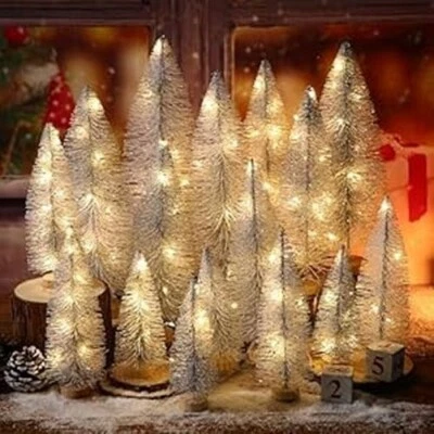 8pcs Artificial Mini Christmas Trees Bottle Brush Trees With Wood Base SILVER - Image 1 of 4
