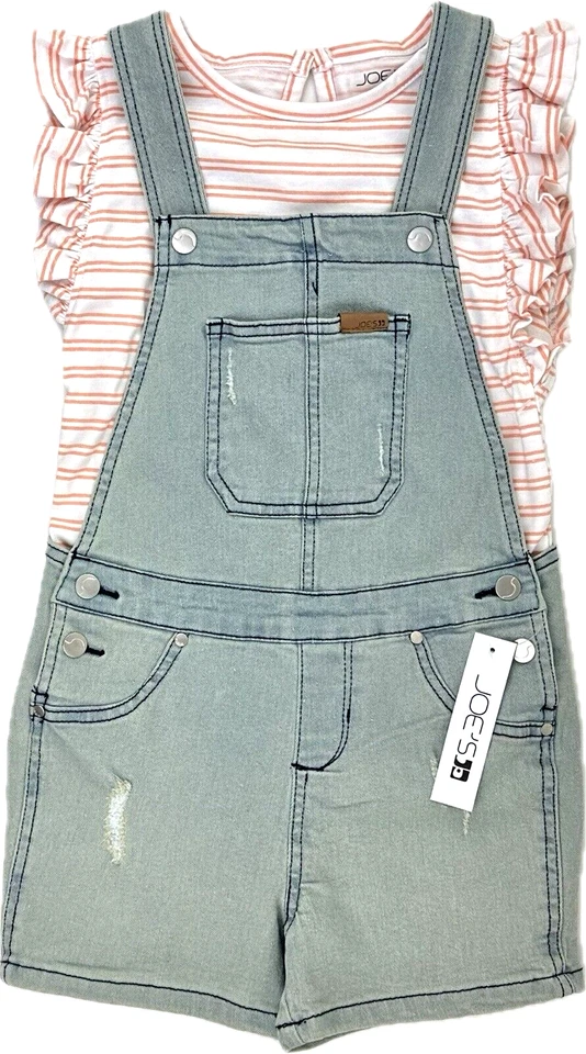 Joe's Jeans Kids 2 Pc Blue Coral Cotton Stripe T Shirt Denim Shortalls Set Sz 6X - Image 1 of 4