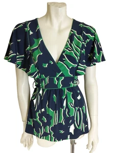 $128 BCBG MaxAzria S Top Kimono Sleeve V-Neck Stretch Jersey Floral Blue/Green - Picture 1 of 7