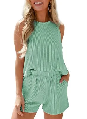 Colete sem mangas feminino tops + shorts conjuntos 2 peças verão macacão solto LoungeWear - Imagem 1 de 4