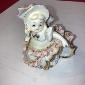 Vtg Lefton Bloomer Girl With Umbrella Pink Ruffles Porcelain KW1698 Figurine B-3 - Picture 1 of 24