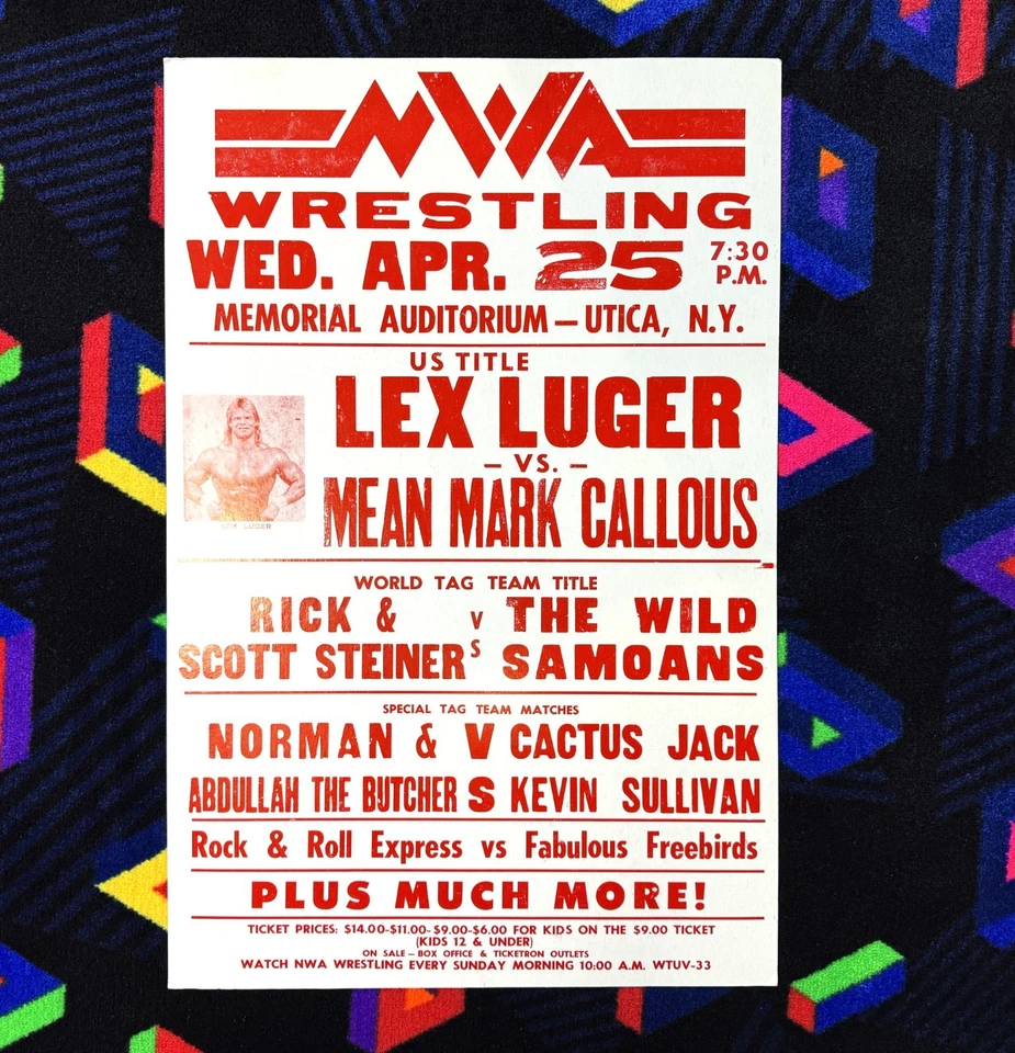 Póster de evento original de lucha libre WCW NWA 25/04/1990 Utica, NY Luger Mean Mark Foto 1 de 4