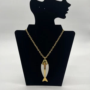 Crown Trifari Large Lucite Gold Tone Fish Pendant Necklace 4.25x1” VTG Signed - Picture 1 of 5