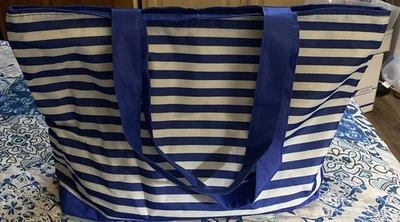 Nuevo Bolso de Mano Grande de Lona a Rayas Azul y Blanco con Correas para el Hombro Cierre de Cremallera Foto 1 de 4