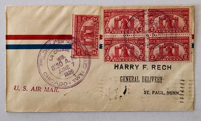 1926 La Crosse Wi – Saint Paul MN Airmail Cover w/2 Cent Sesquicentennial Block - Image 1 of 2