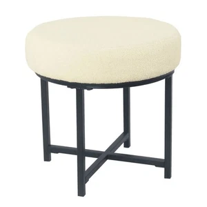 HomePop Faux Sheepskin Ottoman Round Modern Metal Bedroom Living Room Cream - Picture 1 of 8