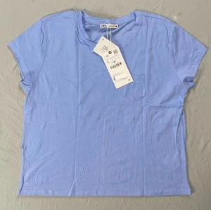 Zara 1/4 Arm Rundhals T-Shirt mit Tasche Damen Gr. L Neu mit Etikett - Bild 1 von 10
