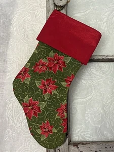 Medias de Navidad Oro Brillo Bordado Pergamino Poinsettia Rojo Brillo Tela - Imagen 1 de 2