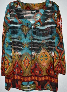 Aztec Southwestern Top XL Woman Semi Sheer Beaded tassel tie Boho Y2K EMMA K - Picture 1 of 20