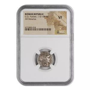 110-109 BC C. Cl. Pulcher AR Denarius NGC VF - Picture 1 of 2