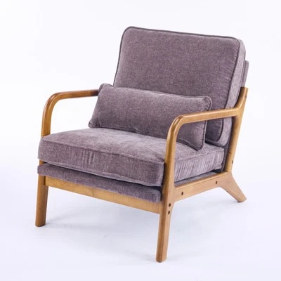 Sillón de salón moderno de mediados de siglo cómodo beige de lino grueso Foto 1 de 4