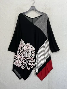 Chico's Travelers Blouse Women’s 2 Black And Red Tunic Sheer 3/4 Sleeves Travel - Picture 1 of 8