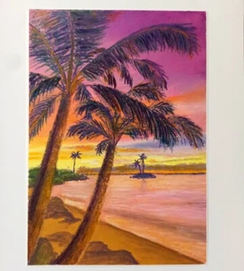 Original A4 Oil Pastel Seascape Painting Tropical Seaside Sunset Beach with Palm - Picture 1 of 11