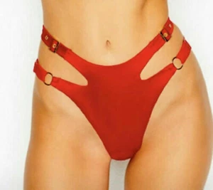 S ❤️ Victoria's Secret❤️HIGH WAIST❤️ BRAZILIAN THONG BELT NWT HOT RED SATIN MESH - Picture 1 of 4
