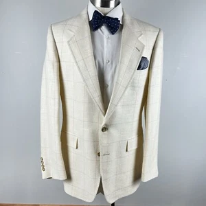 CLASSIC VTG 90s Evan Picone 42L cream ivory blue pink plaid sport coat - Picture 1 of 11