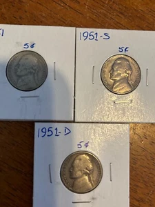 (3) 1951 P D S Jefferson Nickel Ausgezeichnete Münze Tolle Details - Bild 1 von 7