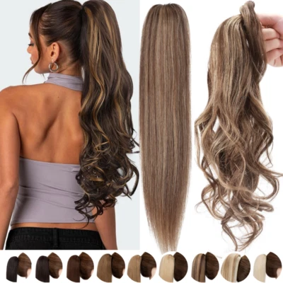 Clip in Wrap Around 100% HUMAN HAIR Ponytail Remy Pony Tail Hair Extensions WAVY - Image 1 of 4