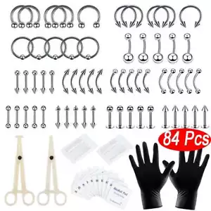 84Pcs Professional Ear Lip Tongue Nose Navel Nipple Rings Body Piercing Tool Kit - Picture 1 of 12