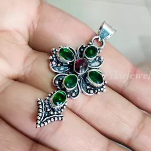 Chrome Diopside & Garnet Gemstone 925 Sterling Silver Cross Pendant Jewelry /379 - Picture 1 of 8