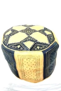 Genuine Leather Moroccan Pouf Ottoman Blue & Yellow Pre-owned - Picture 1 of 5