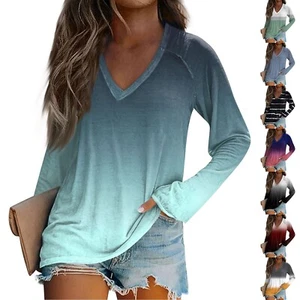 Women's Fashion Loose T-Shirt V-Neck Long Sleeve Gradient Printed Casual Top - Picture 1 of 36