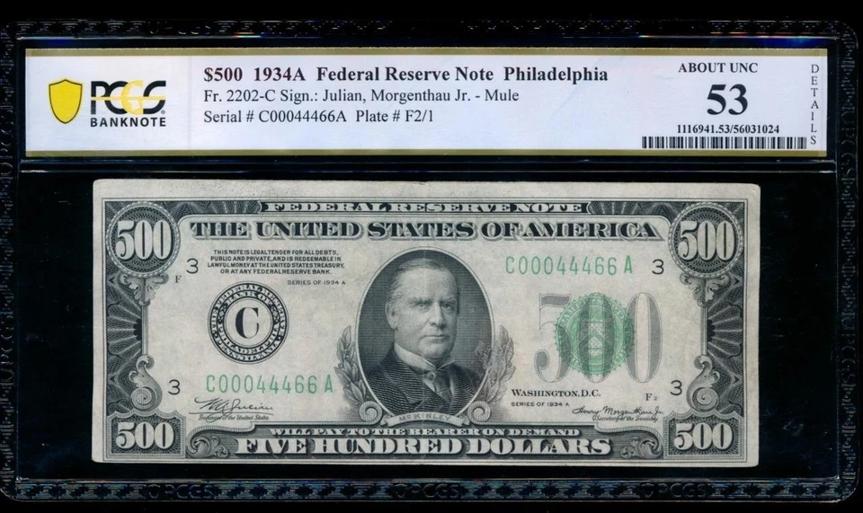 AC 1934A $500 FIVE HUNDRED DOLLAR BILL Philadelphia PCGS 53 details - Image 1 of 2