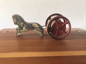 Vintage Gong Bell Wood Circus Horse Pull Toy Red Wheels 30’s-40’s - Picture 1 of 9