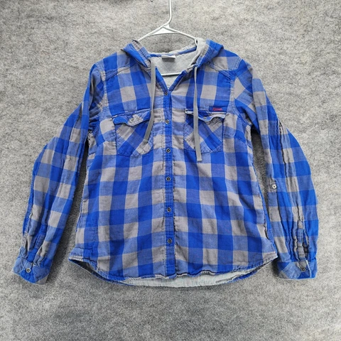 KU Jayhawks Shirt Womens Large Columbia Button Up Long Sleeve Blue Plaid Hooded Cover