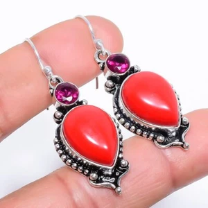 Coral, Rhodolite Gemstone 925 Sterling Silver Earring 1.9" Q537 - Picture 1 of 7