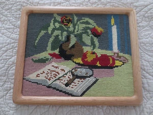 FRAMED Vase, Flowers, Candle, Fruit, Book, Magnifying Glass NEEDLEPOINT--9"x 11" - Picture 1 of 6