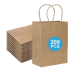 200 Bags 8 x 4.25 x 10.5 Inch kraft Paper Gift Bags with Handles Bulk Shopping - Picture 1 of 6