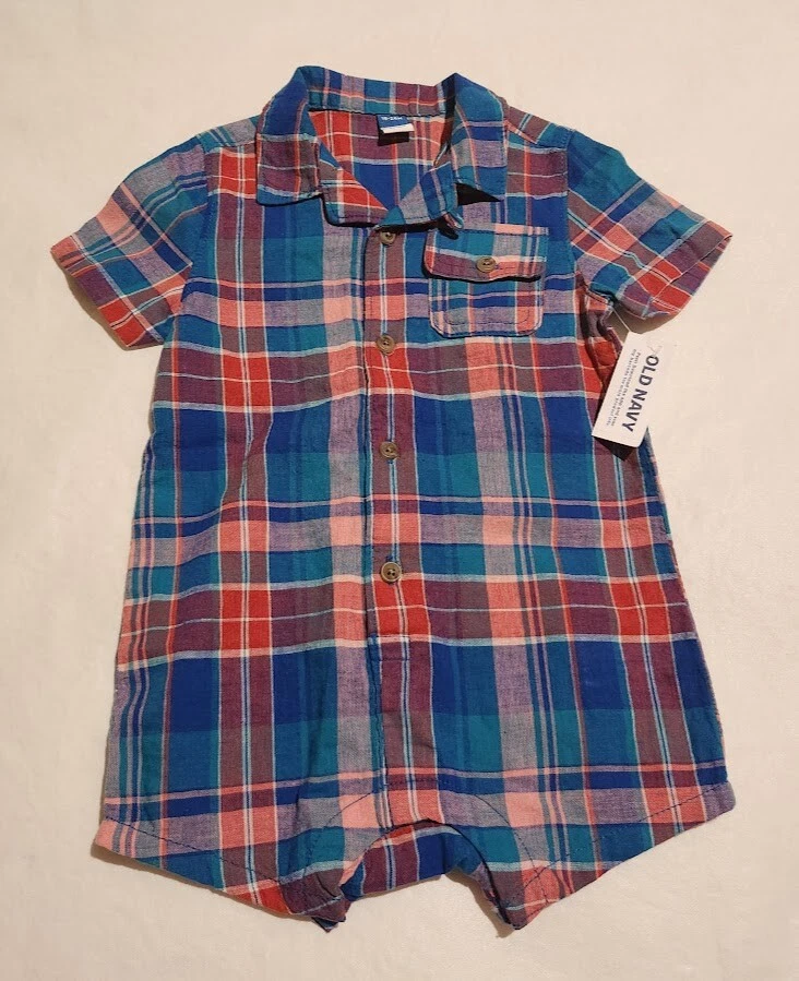NWT Old Navy Multicolor Blue Red Plaid Short Romper One Piece Baby Boy - Image 1 of 1