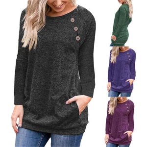 Winter O Neck Button Stitching Long Sleeve Pocket Casual Tops Blouses for Women - Picture 1 of 33